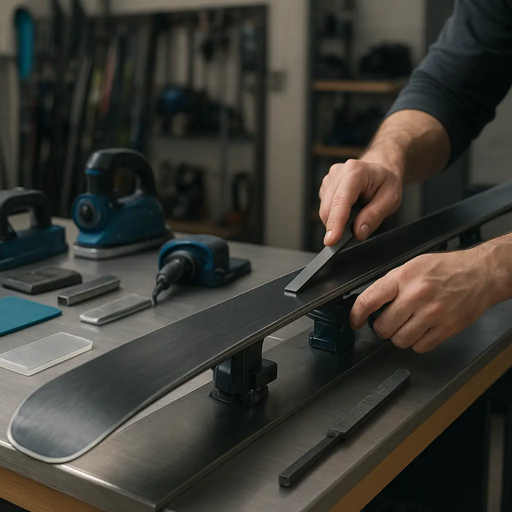 Ski-Service Werkstatt mit Ski auf Tuning-Bank