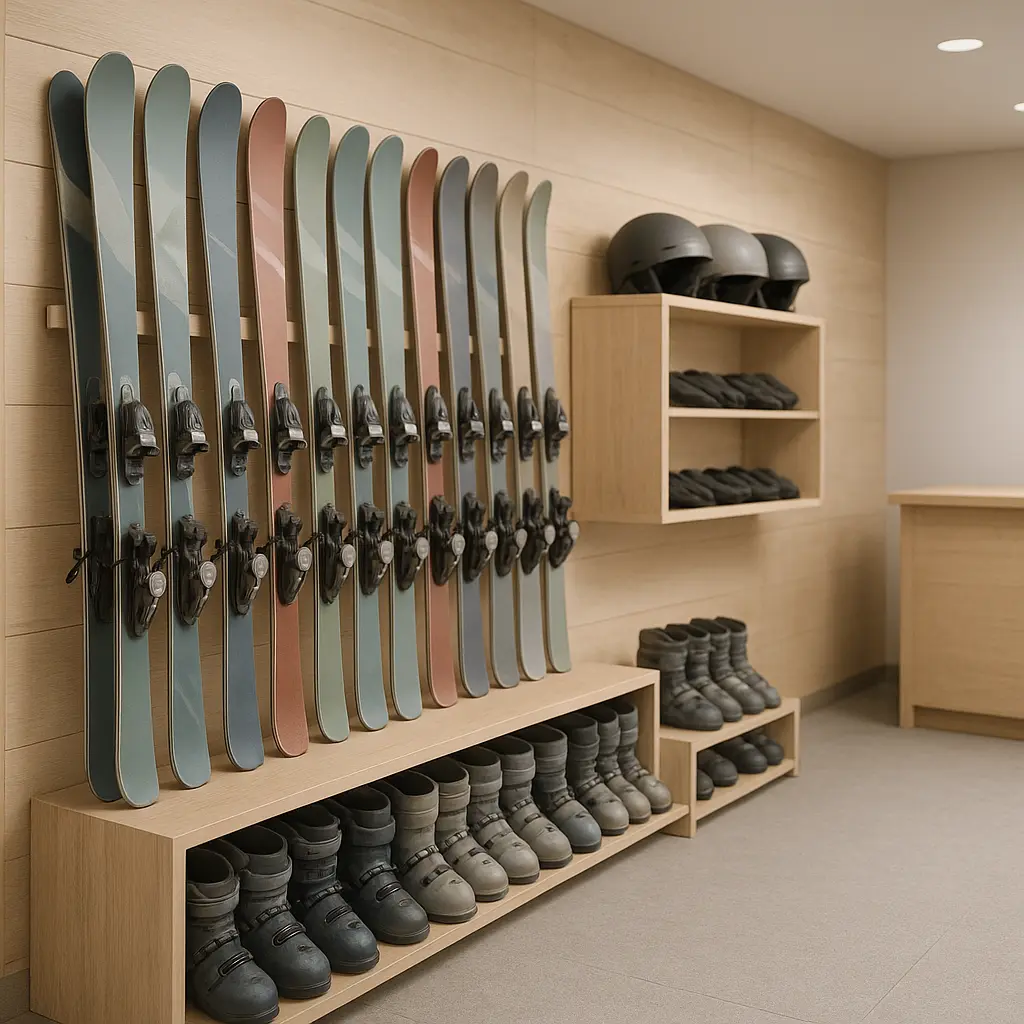 Geordnetes Regal mit Ski- und Boot-Verleih